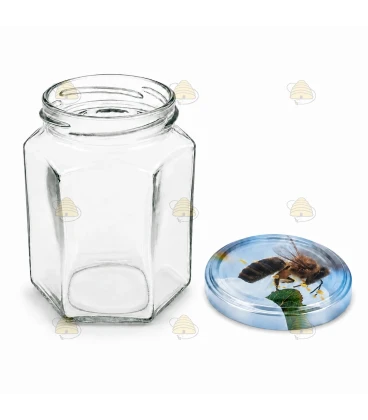 Hexagonale glazen potten 60 stuks - 278 ml / 350 gram, met keuze uit deksels (TO 63 mm)