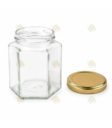Pot verre hexagonal 390 ml/500 g avec couvercle TO 70 mm
