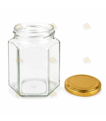 Pot verre hexagonal 196 ml/250 g avec couvercle TO 58 mm