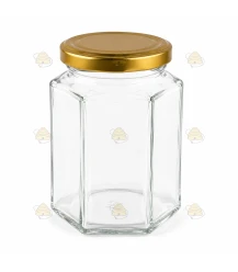 Pot verre hexagonal 196 ml/250 g avec couvercle TO 58 mm